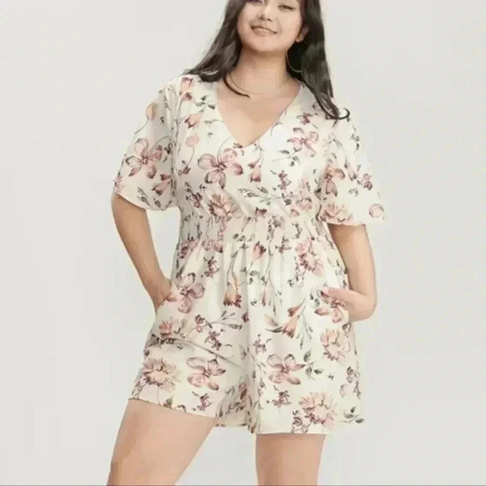 Floral V Neck ruffle sleeve Pocket ahirred jumpsuit womens size 26 4x